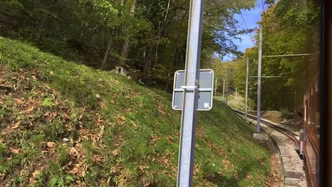 Mountain Train with Window View on Railroad Tracks in the Forest Video stock 265489561