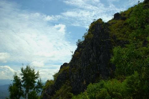 A mountain with a tree on it and a cloudy sky Stock Photos
