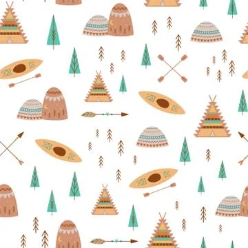 Mountain, trees, camp pattern in cute boho style teepee tent, kayak, adventure Stock Illustration