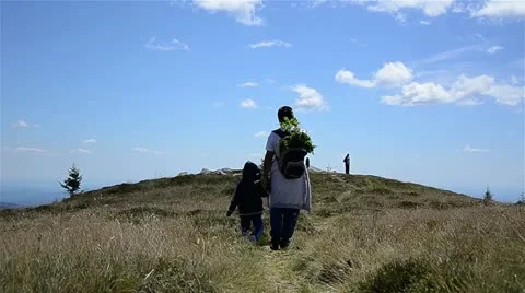 Mountain trip, father with his child Stock Footage