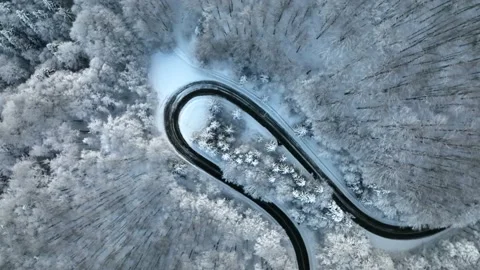 Mountain twisted winding road winter aerial drone shot above trees in snow Stock Footage 171389313