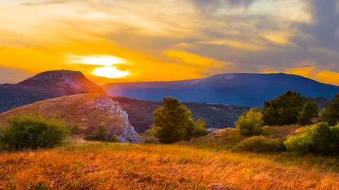 Mountain valley at the dramatic sunset Video stock 247169111