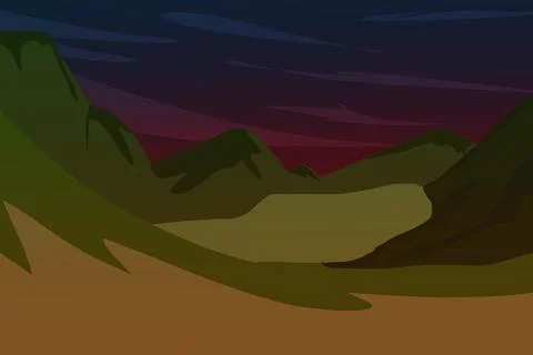 Mountain Valley Landscape At Dark Twilight Illustration Stock Illustration