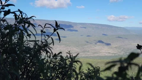 Mountain valley landscape framed by trees with blue sky and clouds 4k Stock Footage 329074898