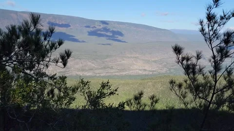 Mountain valley landscape framed by trees with blue sky and clouds 4k Stock-Footage 329075099