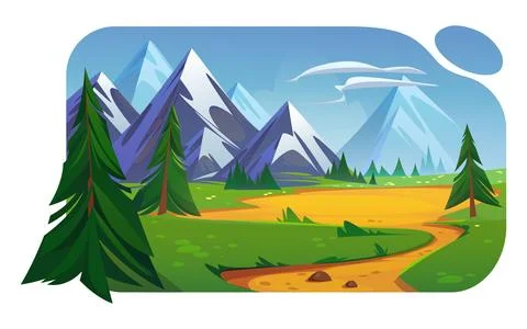 Mountain valley landscape with green fields, trees Stock Illustration
