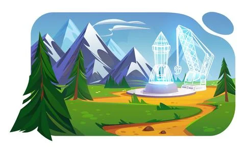 Mountain valley landscape with green fields, trees Stock Illustration
