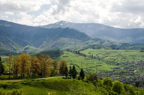 Mountain valley landscape with green fields and cloudy sky 库存照片