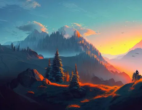 Mountain valley in pre-sunset time. illustration Иллюстрация