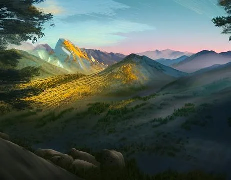 Mountain valley in the rays of the rising sun. illustration Stock Illustration