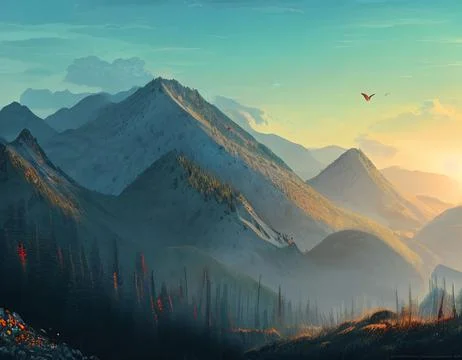 Mountain valley in the rays of the rising sun. illustration Иллюстрация