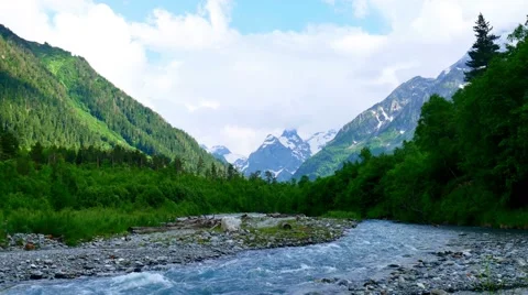 Mountain valley with river and forest in Kavkaz region Stock Footage 65773264