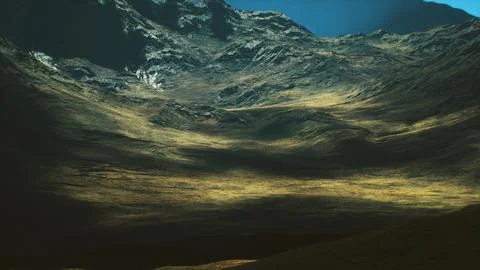 Mountain valley at sunset with dramatic shadows and vibrant colors Stock Illustration