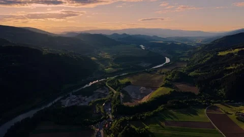 Mountain valley sunset drone shot Видео 335210457