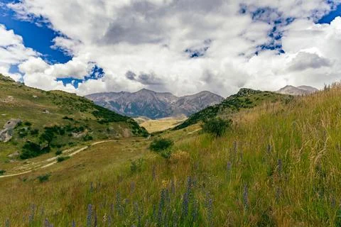 Mountain Valley Trail Under Dramatic Cloudy Sky 스톡 사진
