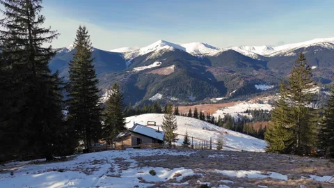 Mountain valley view from forest edge, snow-covered slopes and pine trees with Stock Footage 306698375