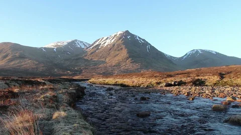 Mountain View and the River Coupall, Glen Etive, Highlands, Scotland, UK Stock Footage 129226935