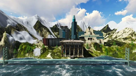 Mountain view city and train on the bridge over the sea Stock Footage 61882747