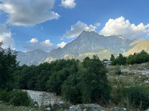 Mountain view with dense green trees, cloudy sky, visible rocky peaks Stock Photos