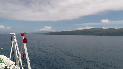 Mountain view from the ferry, camera slide to the deck with people Stock Footage 144261235