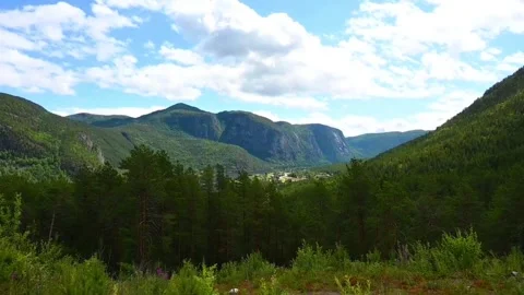 Mountain view with green trees and blue sky in Norway during summer showing.. Stock Footage 340201874