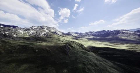 Mountain view with green valleys and blue skies among clouds Stock Illustration