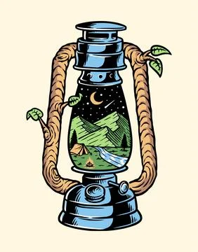 Mountain view inside old lamp illustration Stock Illustration
