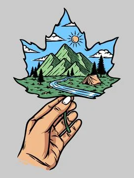 Mountain view on maple leaf Stock Illustration