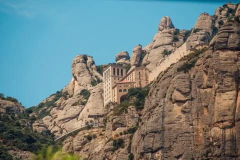 A mountain view with monastery on the top in Montserrat, Spain Stock Photos
