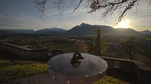 Mountain view from monchsberg hill from pointer or compass at sunset in sunny Stock Footage 230239939