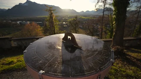 Mountain view from monchsberg hill from pointer or compass at sunset in sunny Stock Footage 230240006