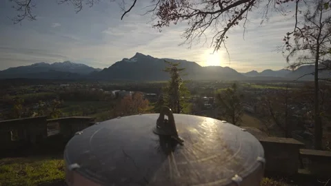 Mountain view from monchsberg hill from pointer or compass at sunset in sunny Stock Footage 230240064