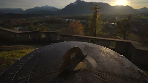 Mountain view from monchsberg hill from pointer or compass at sunset in sunny Stock Footage 230240136
