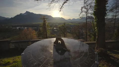 Mountain view from monchsberg hill from pointer or compass at sunset in sunny Stock Footage 230240200