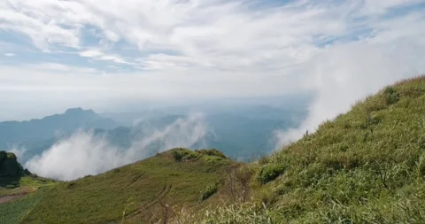 Mountain View of moving white clouds and fog blowing in the wind with sky. Video stock 149042876