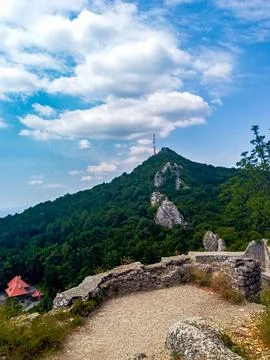 Mountain View Over Forests with Blue Sky and Rocky Landscape 写真素材