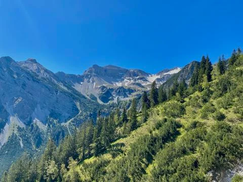 Mountain view over valley with forest, blue sky, alps, Bavaria, Germany Stock Photos