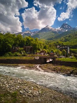 Mountain view by the river Stock Photos