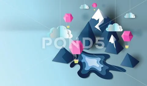 Mountain view scene of cloud, pond and balloon pink on 3d paper art and craft Stock Illustration