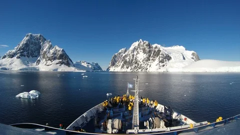 Mountain view from ship at sunset in Antarctica Stock Footage 107810800
