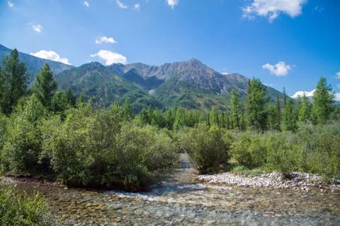Mountain view with small river in front, sunny summer day. East Sayan, Buryatia Stock Photos