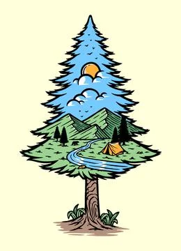 Mountain view in spruce tree silhouette Stock Illustration