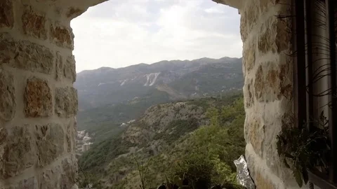 Mountain view through tower window Stock Footage 81423052