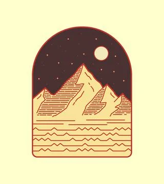 Mountain view vector design and sparkling night stars in mono line art Stock Illustration
