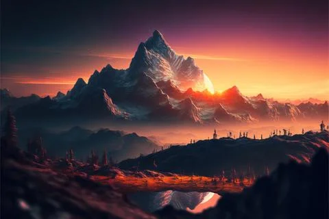 Mountain view wallpaper sunset Stock Illustration
