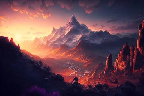 Mountain view wallpaper sunset Stock Illustration