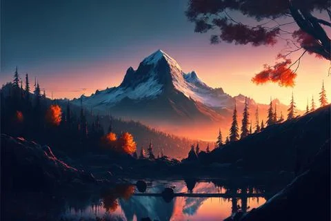 Mountain view wallpaper sunset Stock Illustration