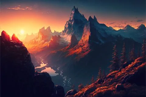 Mountain view wallpaper sunset Stock Illustration