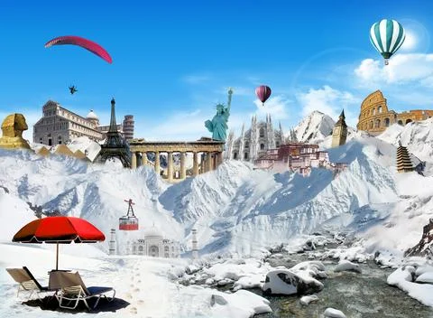 Mountain view with world landmarks Stock Photos