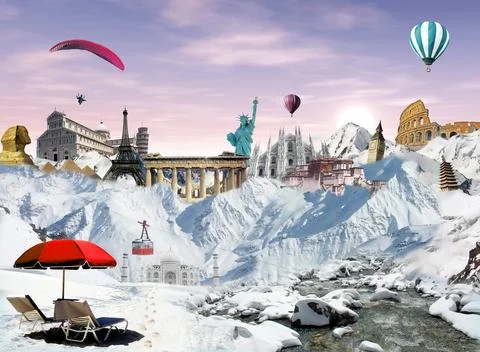 Mountain view with world landmarks Stock Photos